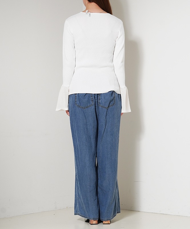 裾シアー切替えベルスリーブニット