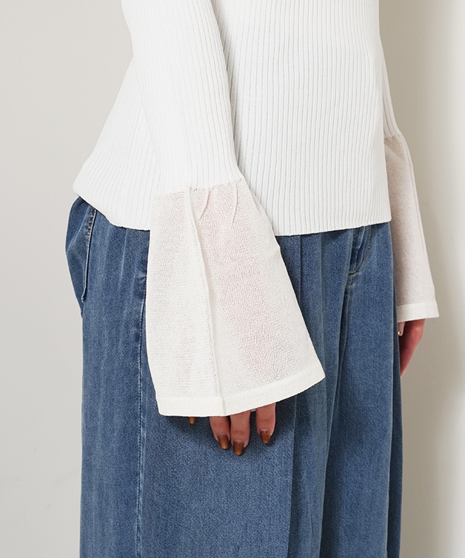裾シアー切替えベルスリーブニット