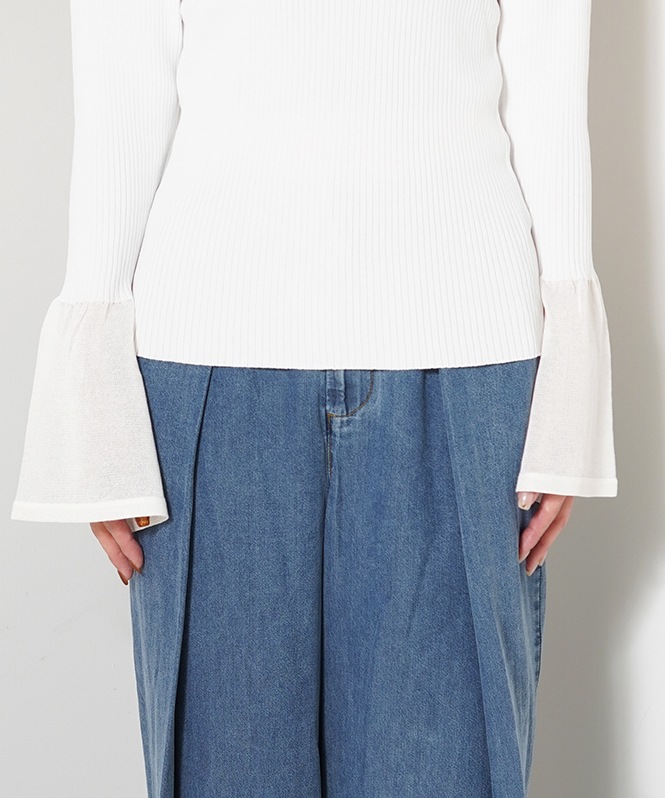 裾シアー切替えベルスリーブニット