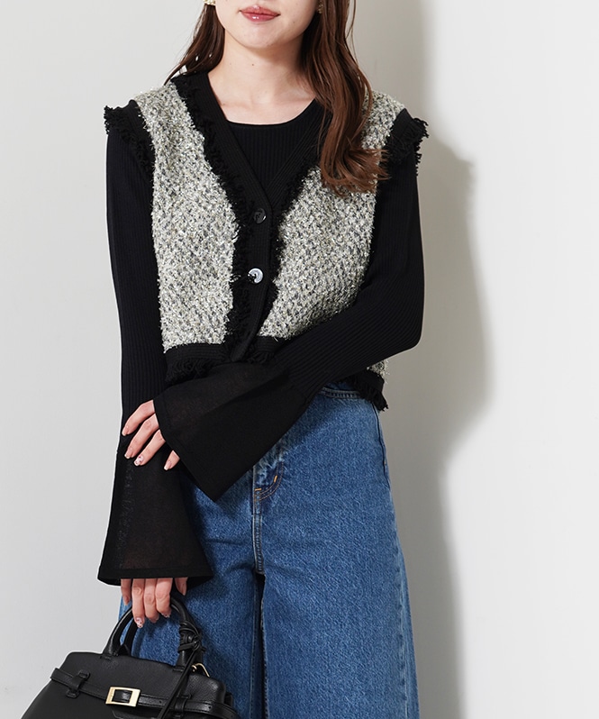 裾シアー切替えベルスリーブニット