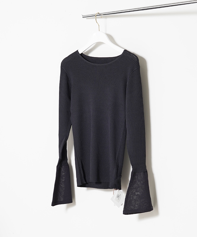 裾シアー切替えベルスリーブニット