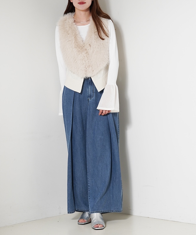 裾シアー切替えベルスリーブニット