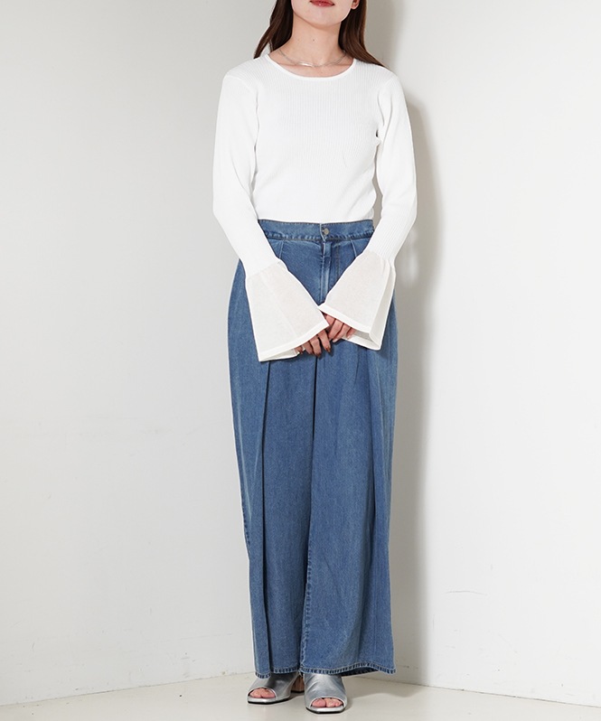 裾シアー切替えベルスリーブニット
