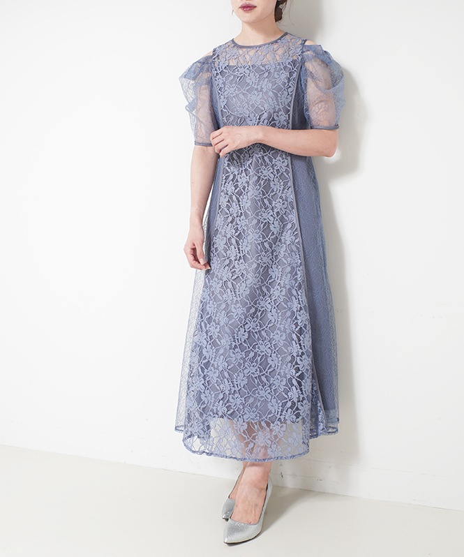 ギャザースリーブフレアドレス