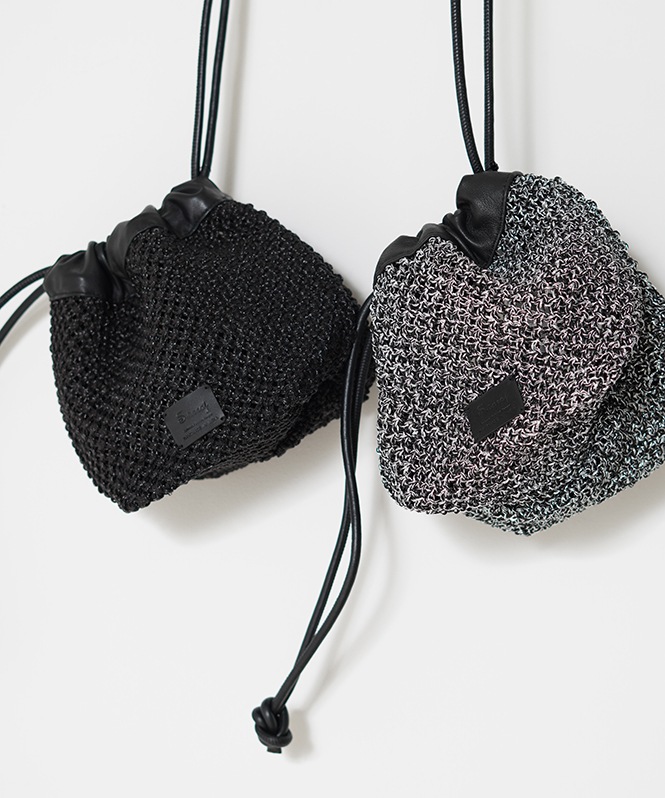 Swaraj 手編みメタリックラメ巾着・レザーコンボ