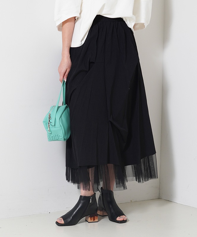 タックデザインチュールレイヤードスカート