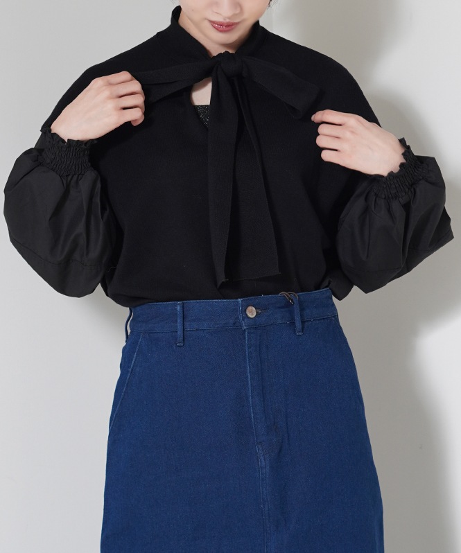 Knit×Fabirc Ribbon Tieブラウス