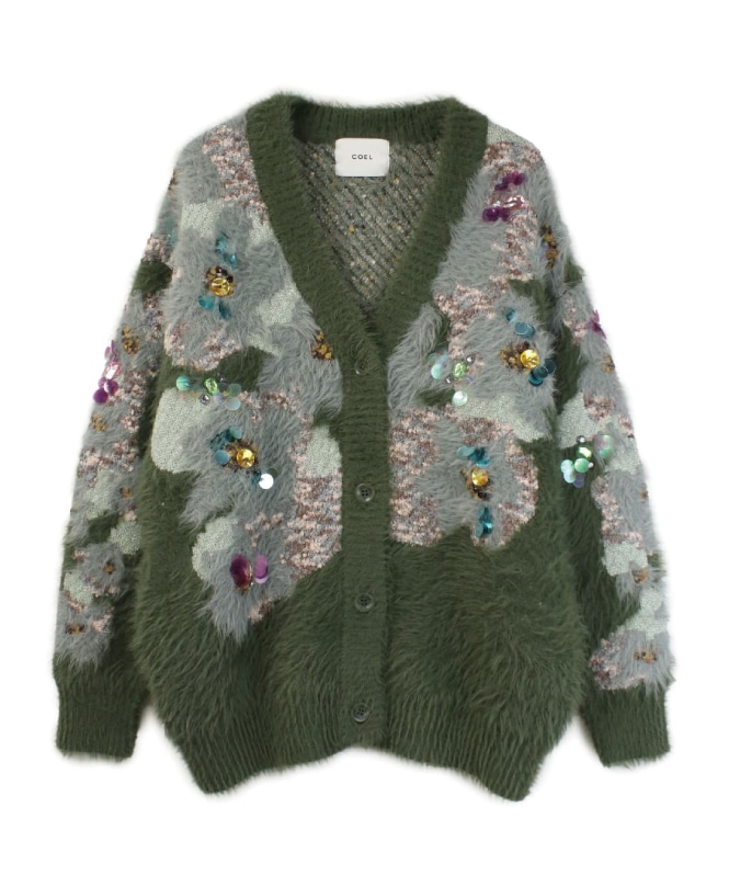 コエル 花柄ビジューシャギーカーディガン完売カーキ 花柄ビジューシャギーカーディガン | ALL ITEM | ROOM903 online