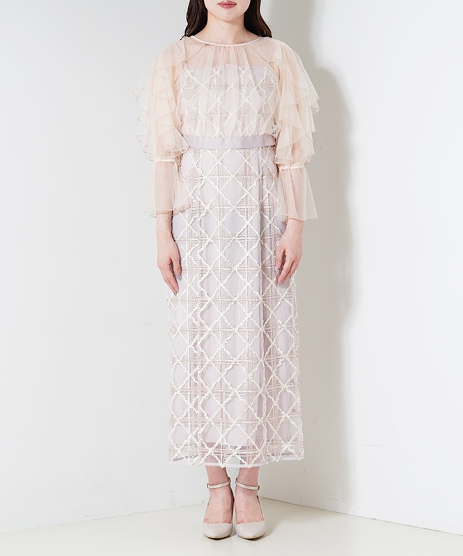 ☆フリルスリーブ 無地 シースドレス ROOM903 フリルスリーブチェックレースドレス | DRESS,DRESS