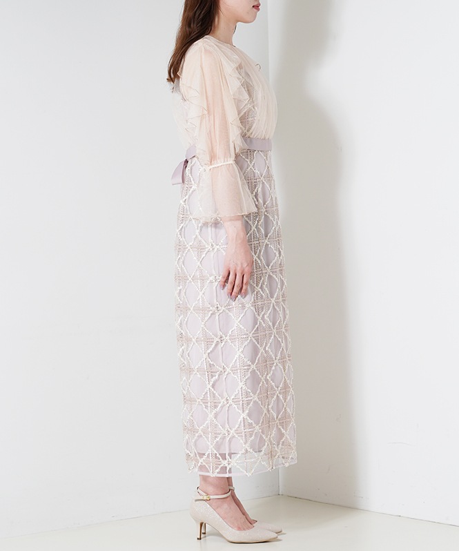 フリルスリーブチェックレースドレス