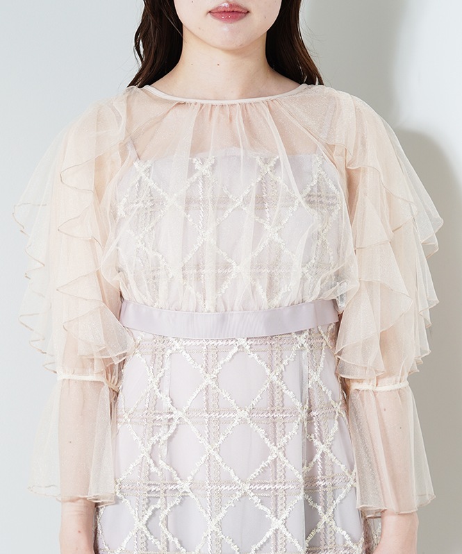 フリルスリーブチェックレースドレス