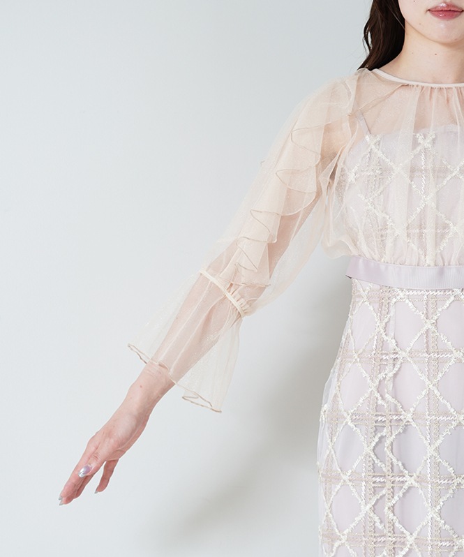 フリルスリーブチェックレースドレス