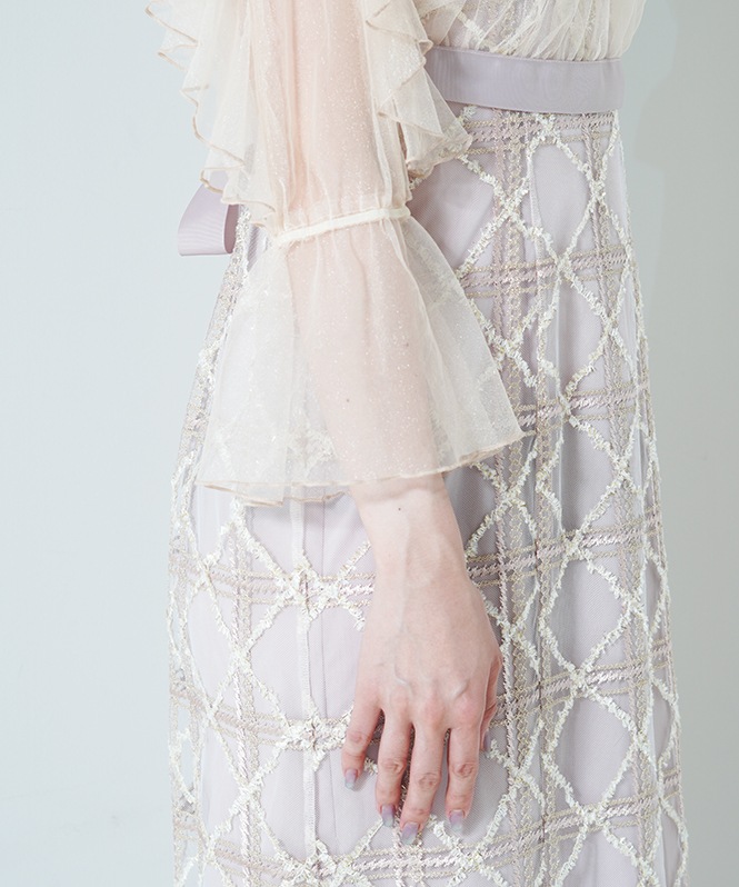 フリルスリーブチェックレースドレス