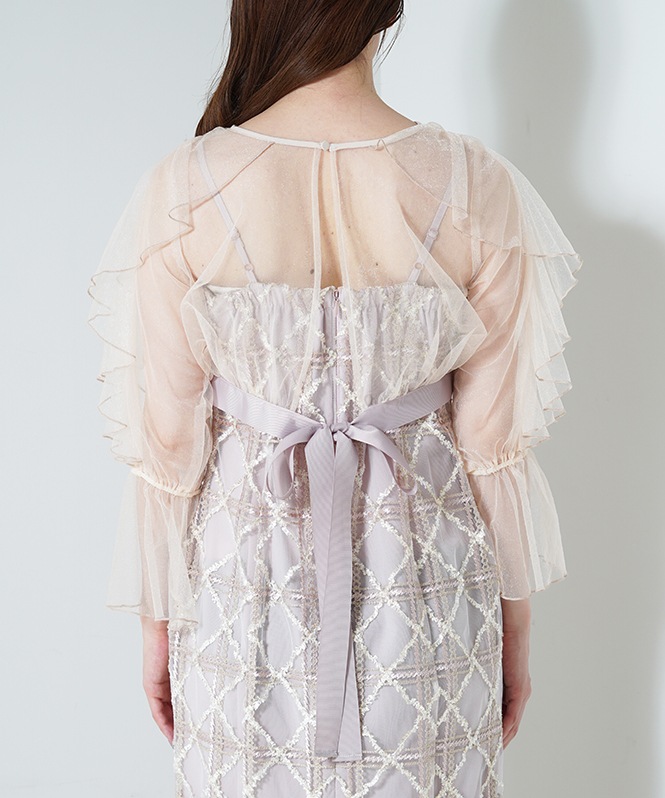 フリルスリーブチェックレースドレス