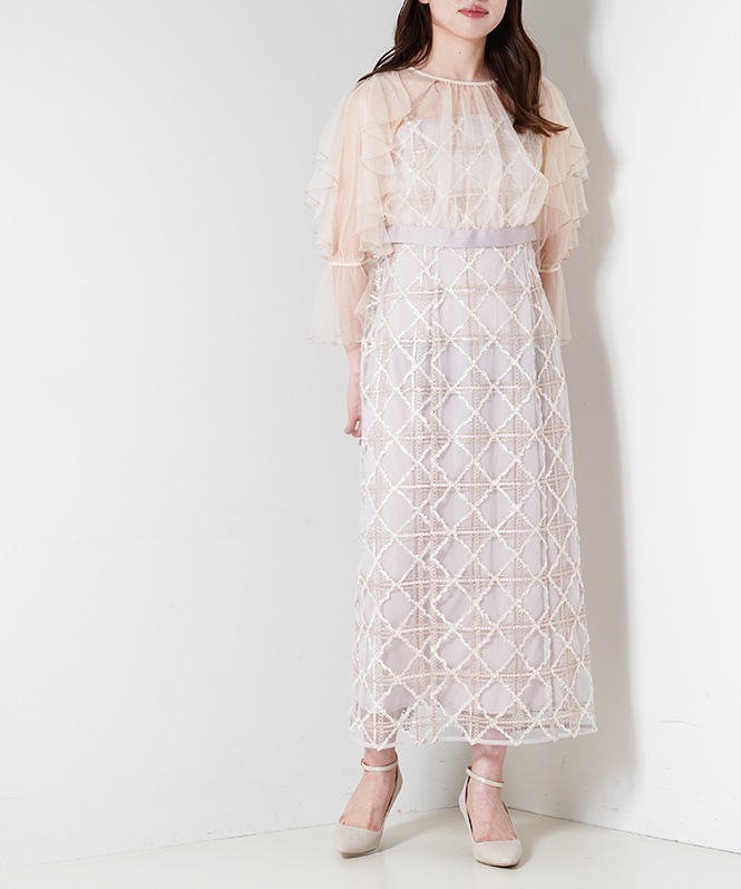 フリルスリーブチェックレースドレス