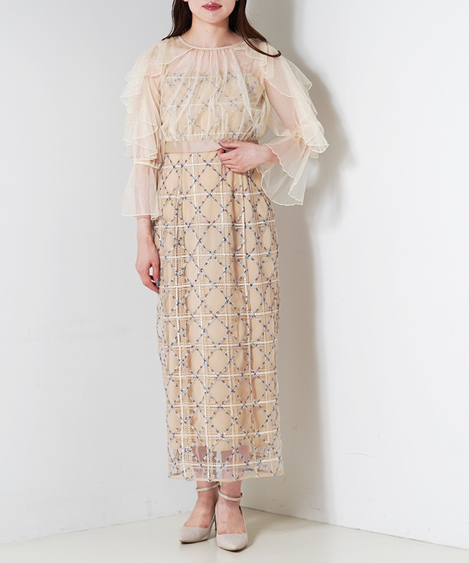 フリルスリーブチェックレースドレス