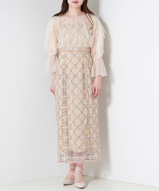 フリルスリーブチェックレースドレス