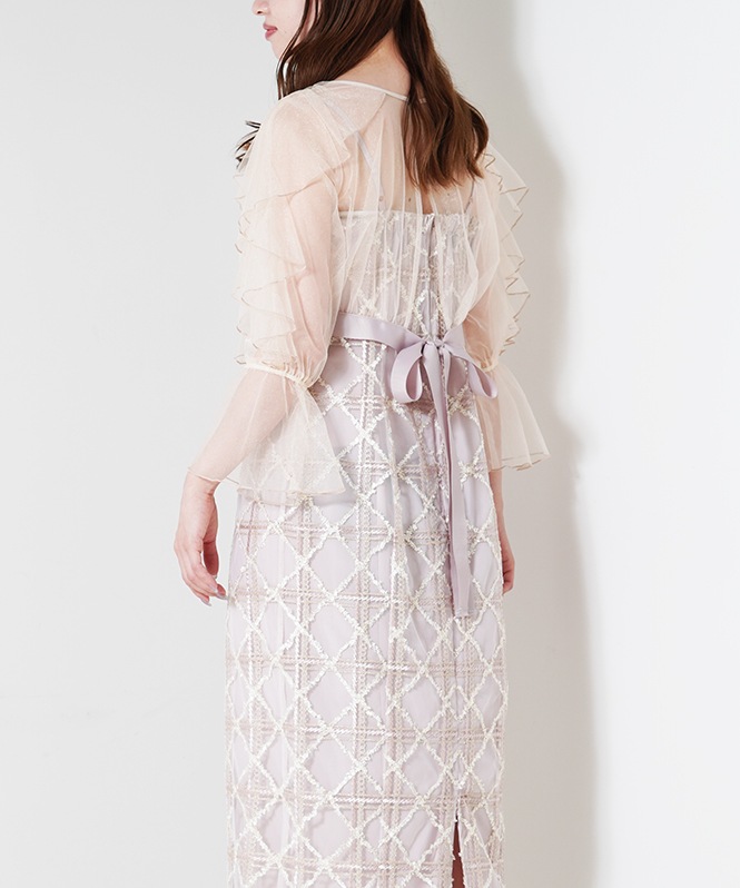 フリルスリーブチェックレースドレス