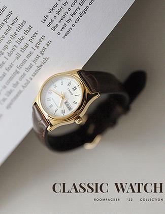 ゴールドラウンドペンダント型牛革時計