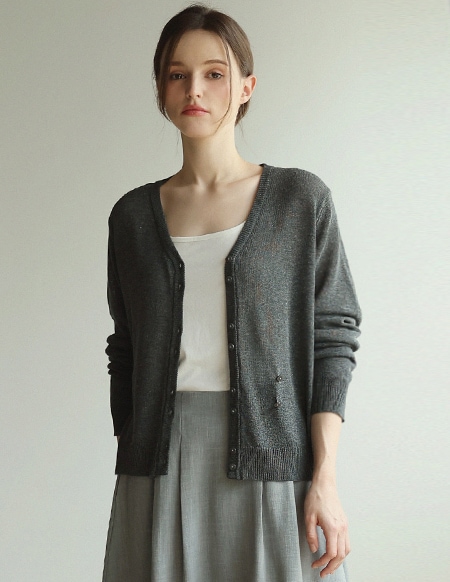 ミエル リネン2ボタンラップカーディガン