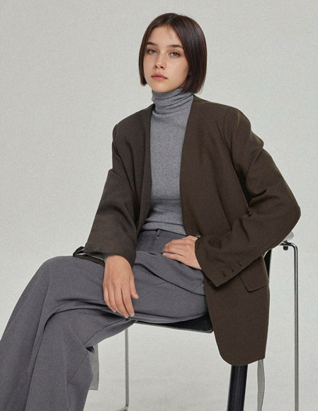 [RR]アーバンベルト付きノーカラー配色ジャケット_brown