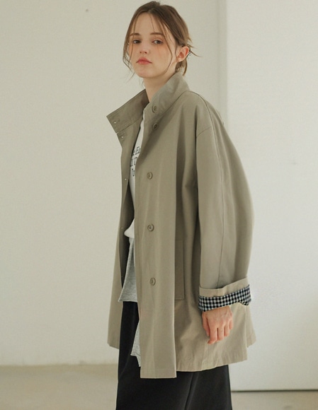 [RR]スタンドカラー配色ハーフトレンチ_warm gray