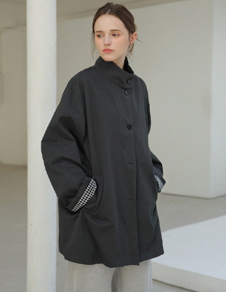 [RR]スタンドカラー配色ハーフトレンチ_ash black