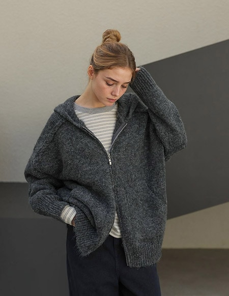 ベッカウールルーズフィットニットパーカージップアップ