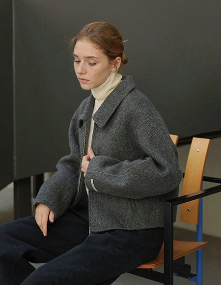 [RR]ユディミニマルハンドメイドクロップドジャケット_herringbone gray