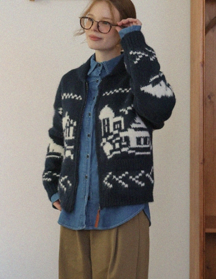 エディアンジャカードジップアップカーディガン