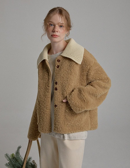 ジェッティニットカラーブークルジャケット_ベージュ