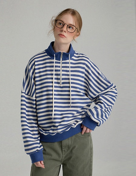 【RR】ストライプ ハーフジップ スウェット