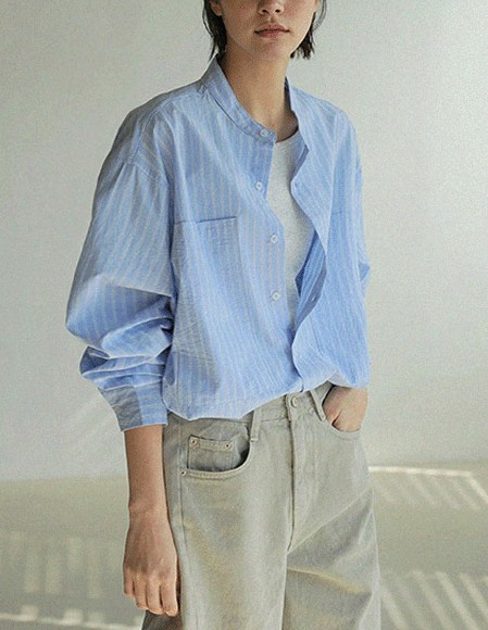 【RR】テール チャイナカラー ストライプシャツ