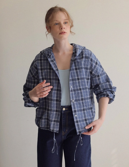 🌈[RR]ブルーミング ストリング チェック フード シャツ