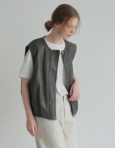 [RR]リユ ミニマル レザーベスト_チャコール