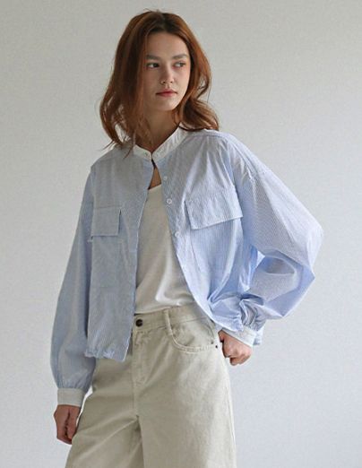 ネイデン ストライプ 配色 シャツジャケット（スカイブルー）