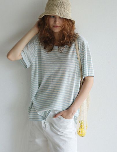 リボ ストライプ オーバーフィット ロングニット