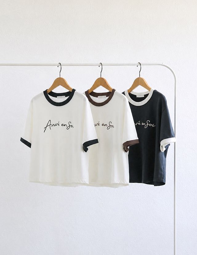 ポニング刺繍のカラーブロック半袖トップス