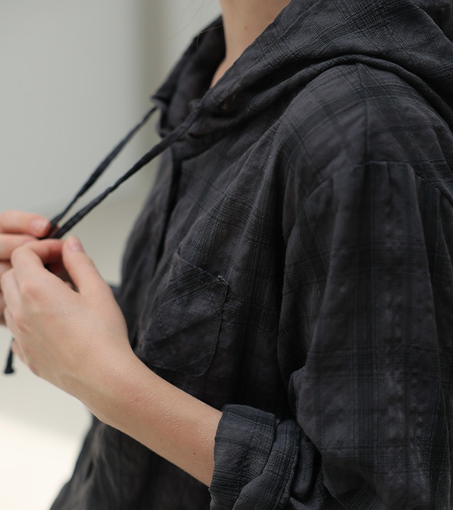 リオウォッシュヘムストリングフード付きパーカー