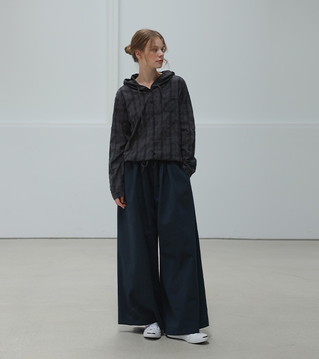 リオウォッシュヘムストリングフード付きパーカー