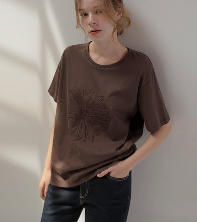 [RR]フローフラワー刺繍半袖トップス