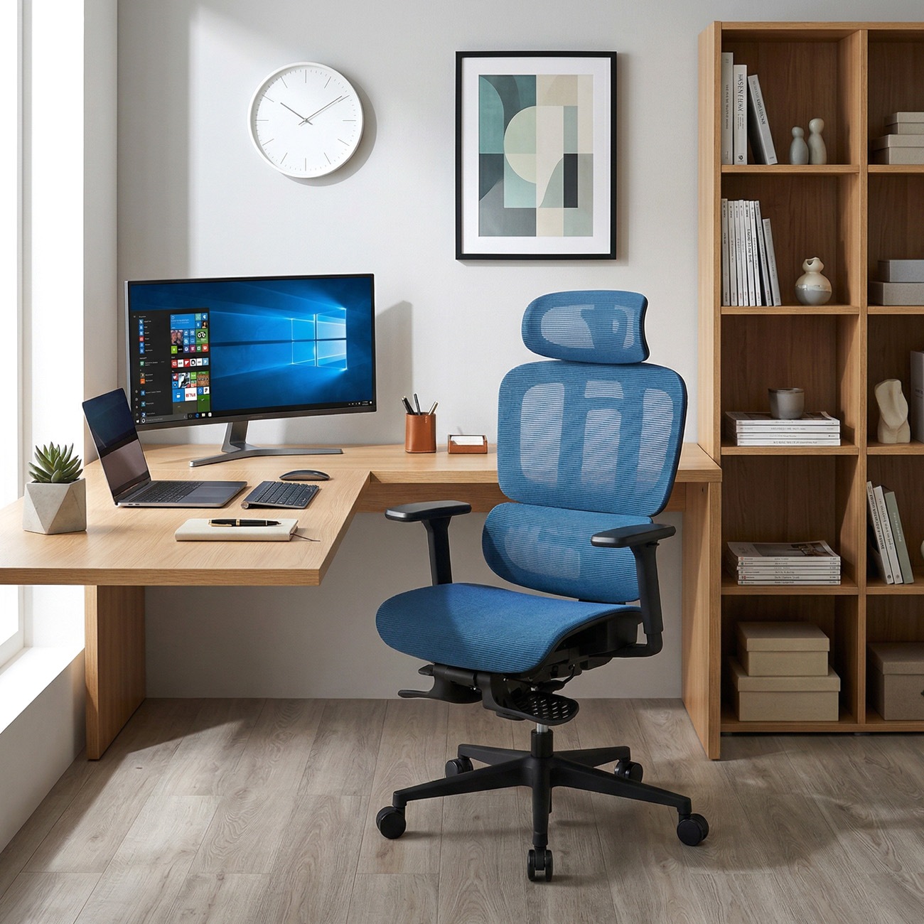 ROOM WORKS 多機能フルメッシュワークチェア M5 ブルー メッシュ座面 RM5-BL