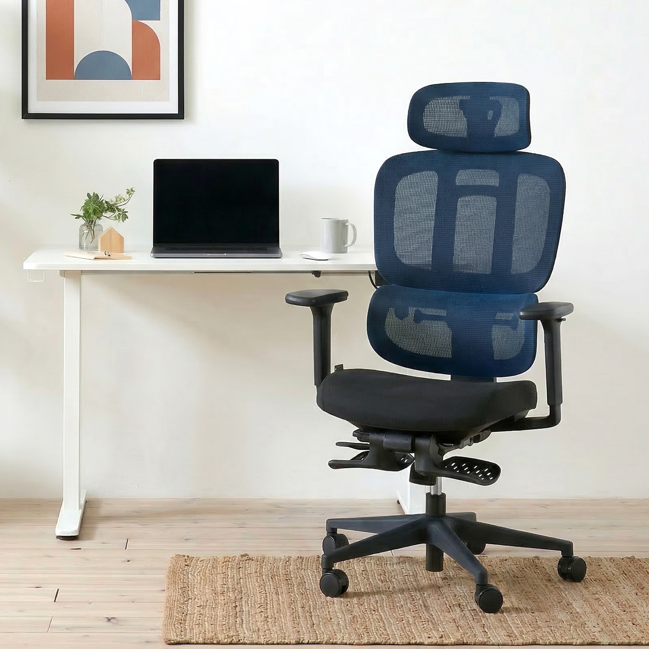 ROOM WORKS 多機能メッシュワークチェア M6 ファブリック座面ブルー