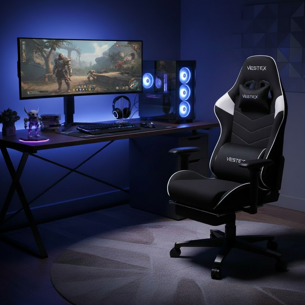 VESTEX ゲーミングチェア ホワイト メッシュファブリック フットレスト付 VES-S2FTWH