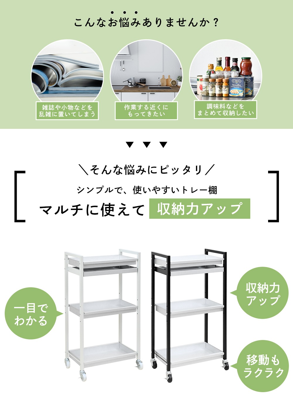 ガルバリウム製 引き出し付きワゴン【3段・トレータイプ】