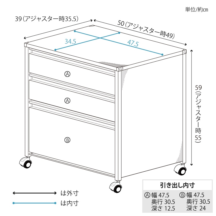 オールステンレス 3段チェスト【選べるキャスター＆アジャスター脚付き】