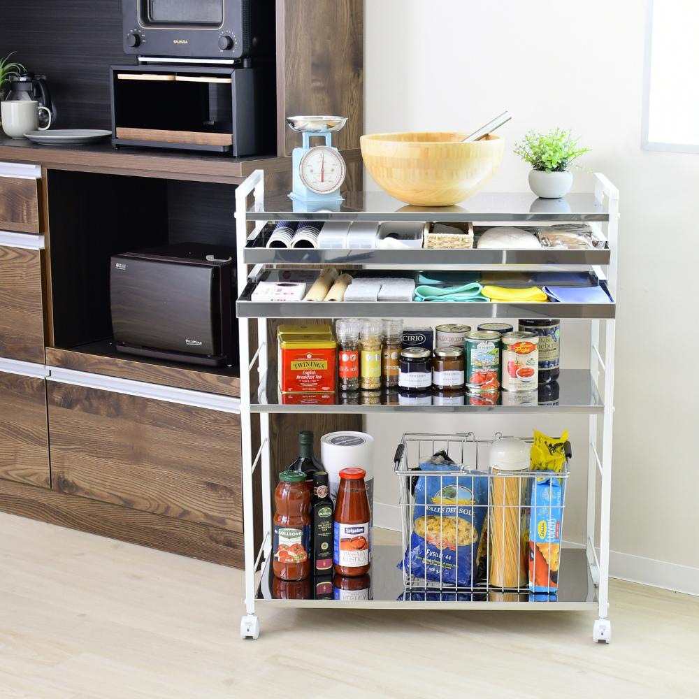 クラルテ ステンレス棚マルチワゴン【引出2・幅73】