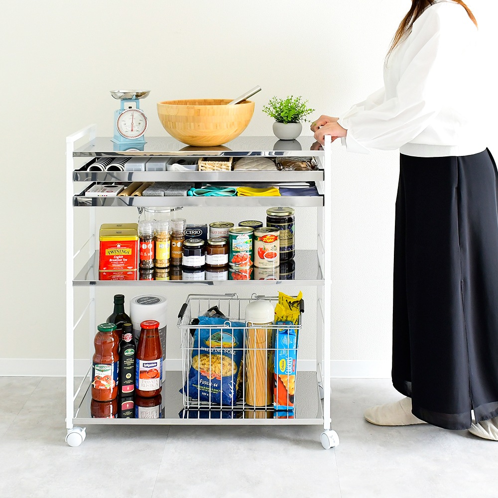 クラルテ ステンレス棚マルチワゴン【引出2・幅73】