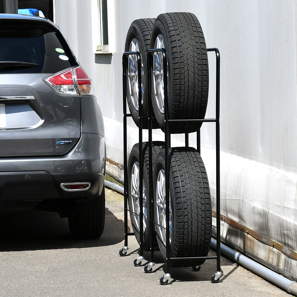 頑丈薄型タイヤラック SUV/RV車用【2個組・幅28cm・カバー付き】