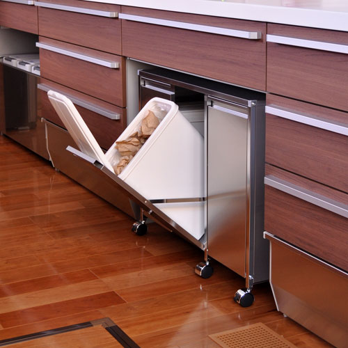 ステンレス製 フラット扉ダストボックス【キャスター＆アジャスター脚の２WAY仕様／3分別・容量14L×3】